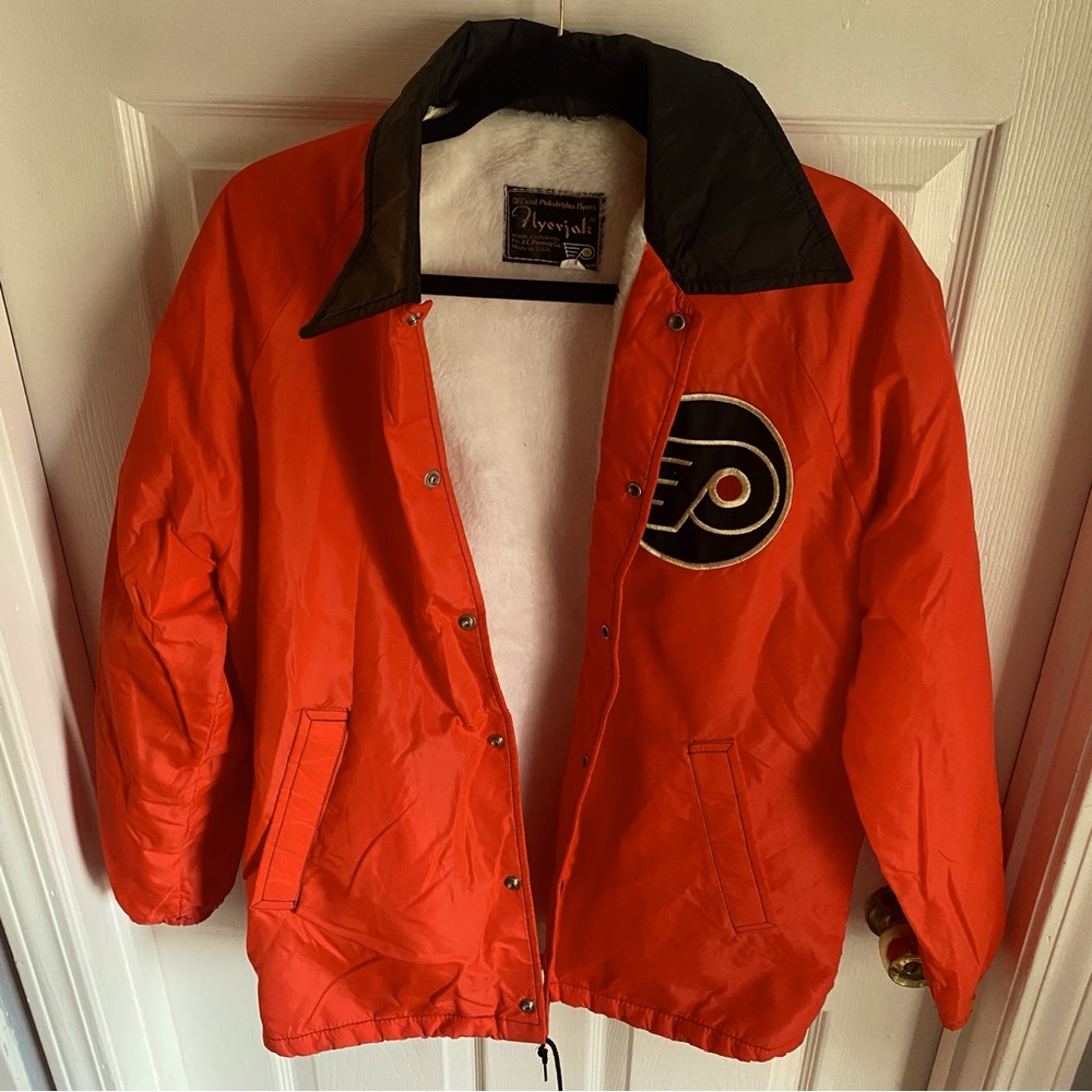 Vintage Philadelphia Flyers Orange & Black Flyerjak Faux Fur Lined Coat XS